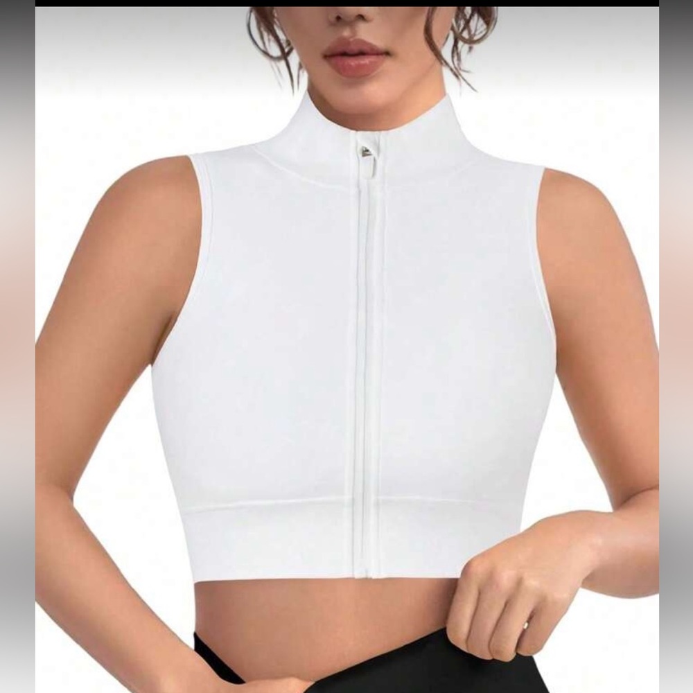 Women's White Sleeveless Zip-Up Top